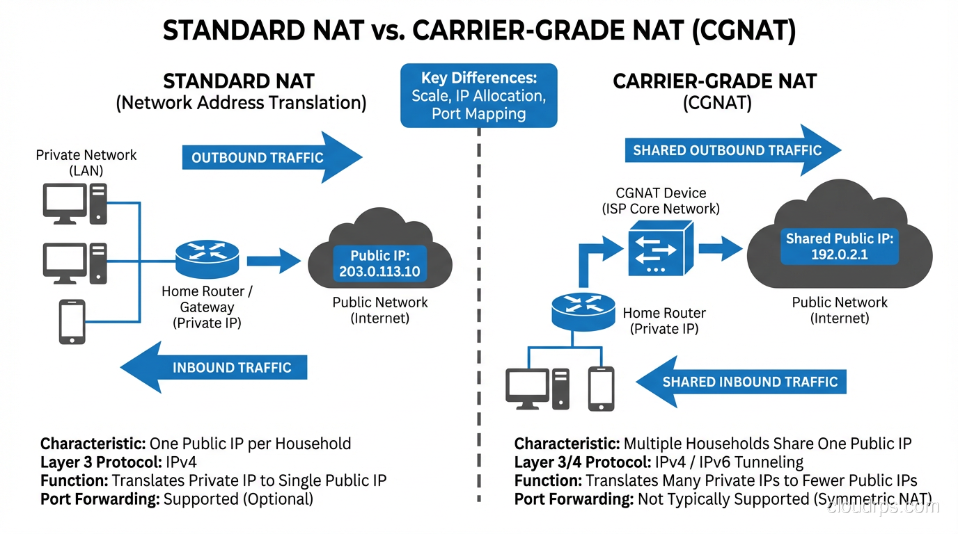 Diagram showing the difference between standard NAT and Carrier-Grade NAT (CGNAT)