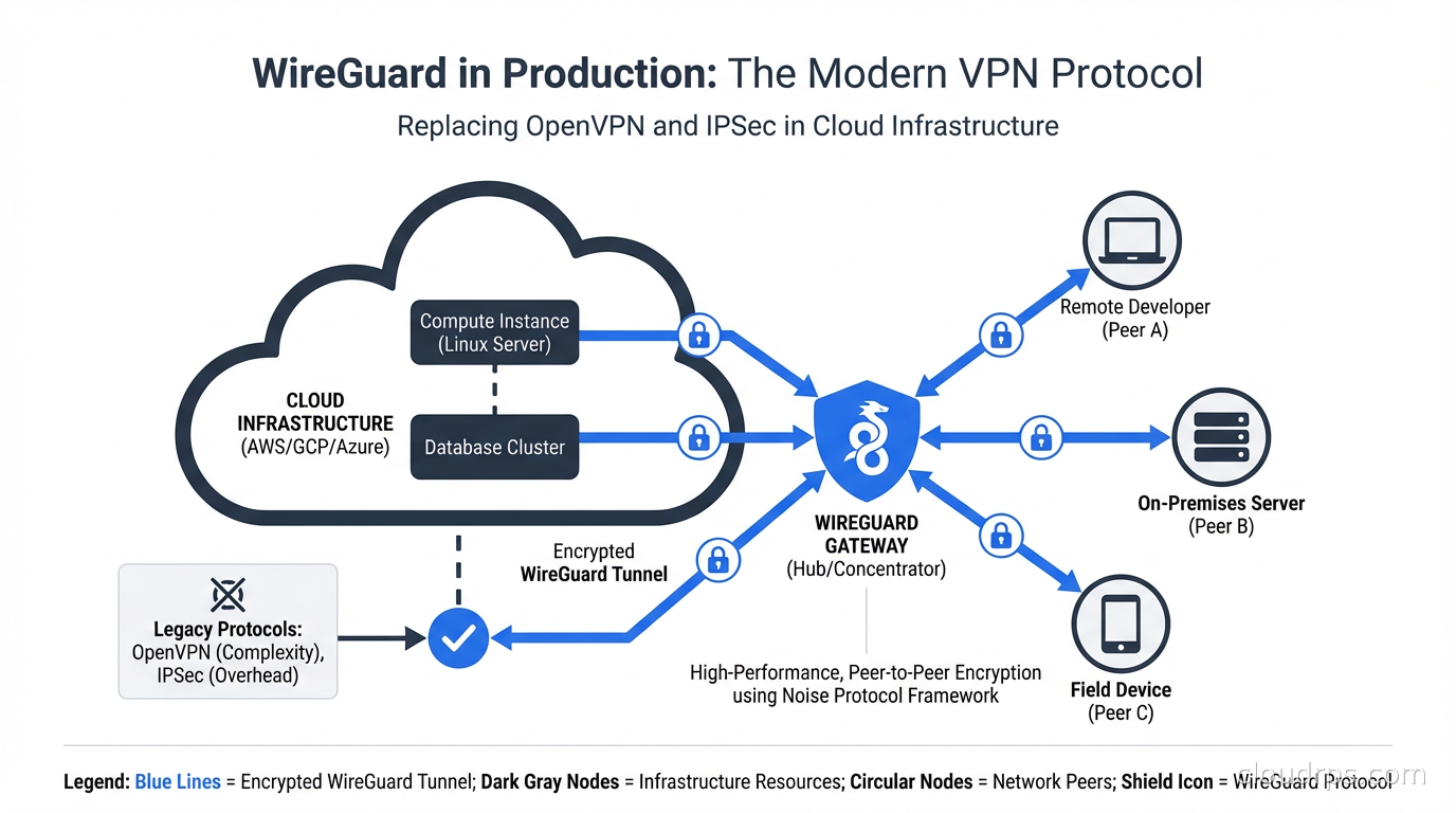 WireGuard VPN protocol diagram showing encrypted peer connections across cloud infrastructure nodes