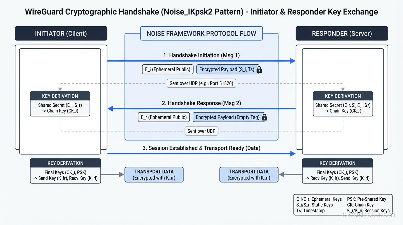 WireGuard cryptographic handshake using the Noise protocol framework, showing initiator and responder key exchange