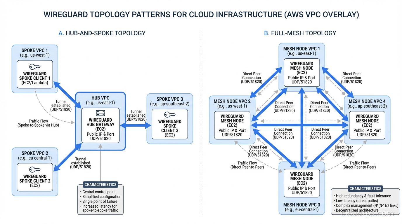 WireGuard hub-and-spoke versus full-mesh topology patterns for cloud infrastructure, with AWS VPC overlay