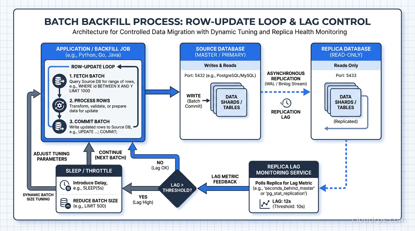 Batch backfill process showing row-update loop with sleep intervals, replica lag monitoring, and batch size tuning