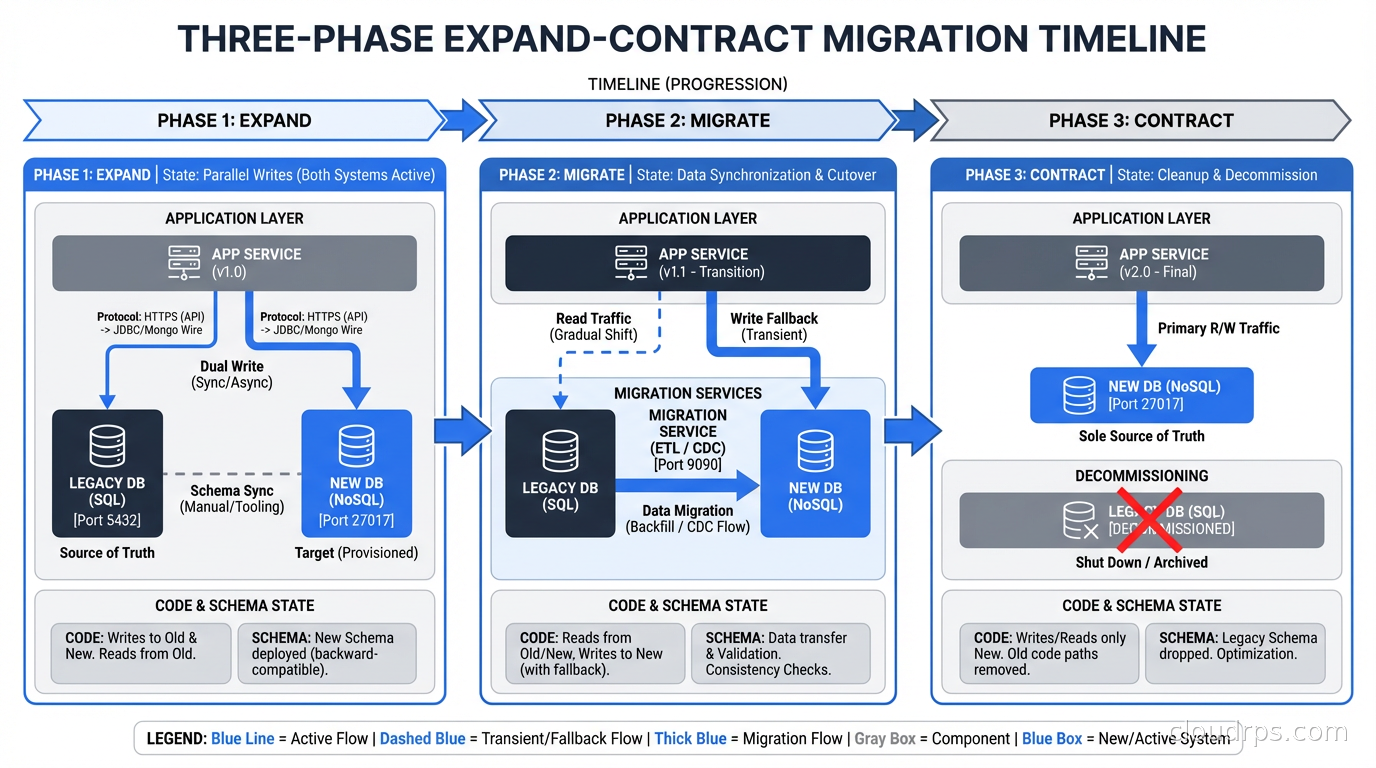 Three-phase expand-contract migration timeline showing expand, migrate, and contract phases with code and schema state