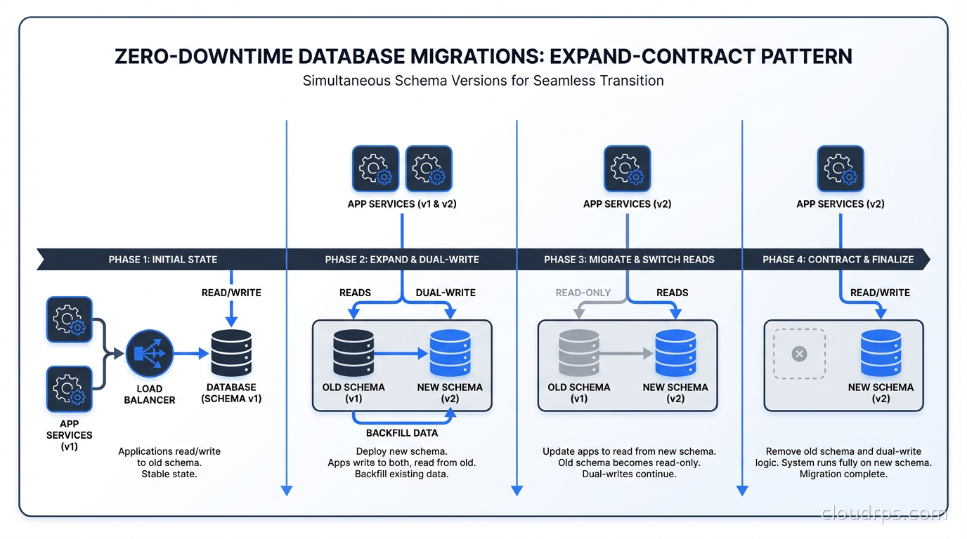 Timeline diagram showing an expand-contract migration with both old and new schema versions running simultaneously during the transition