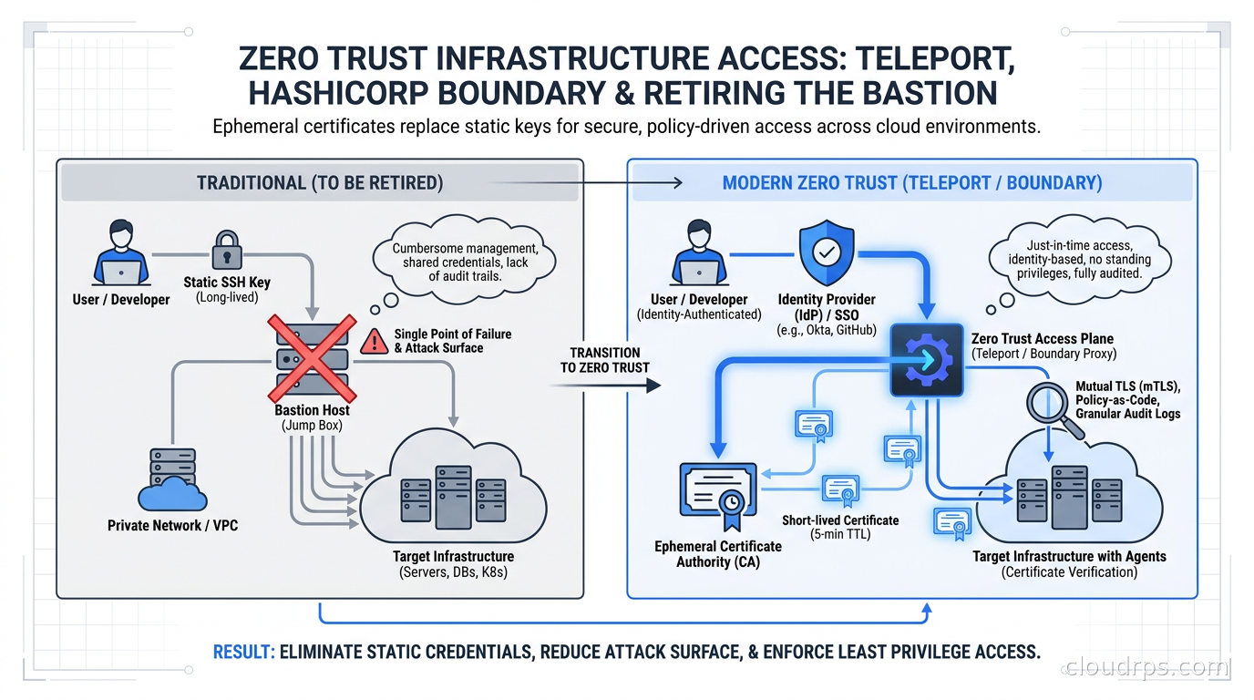 Diagram showing zero trust infrastructure access with ephemeral certificates replacing static SSH keys across cloud infrastructure