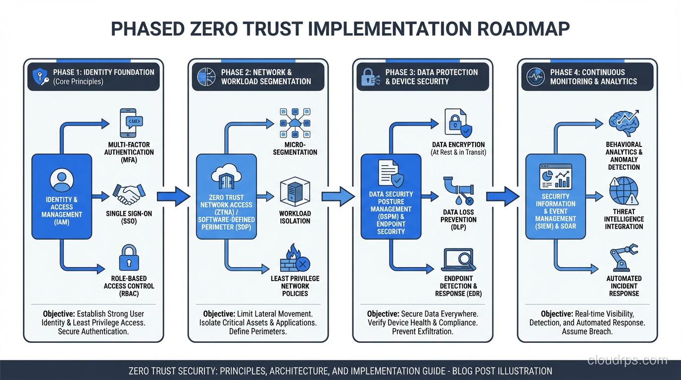 Phased Zero Trust implementation roadmap from identity foundation to continuous monitoring