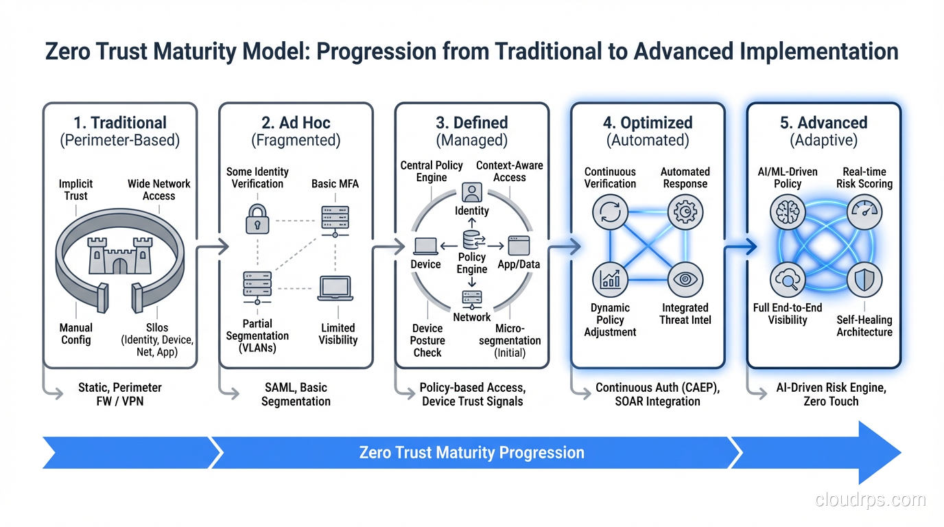 Zero Trust maturity model showing progression from traditional to advanced implementation
