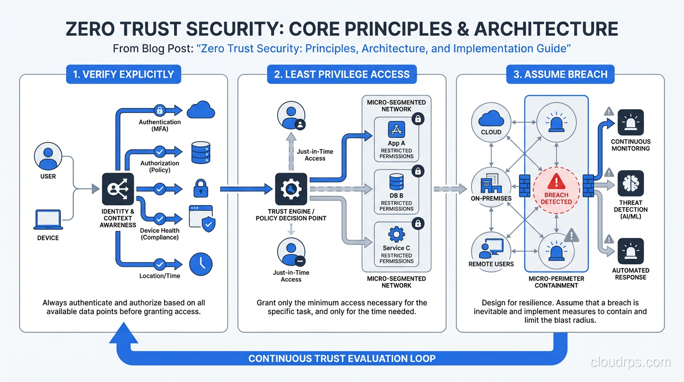 Core principles of Zero Trust security: verify explicitly, least privilege, assume breach